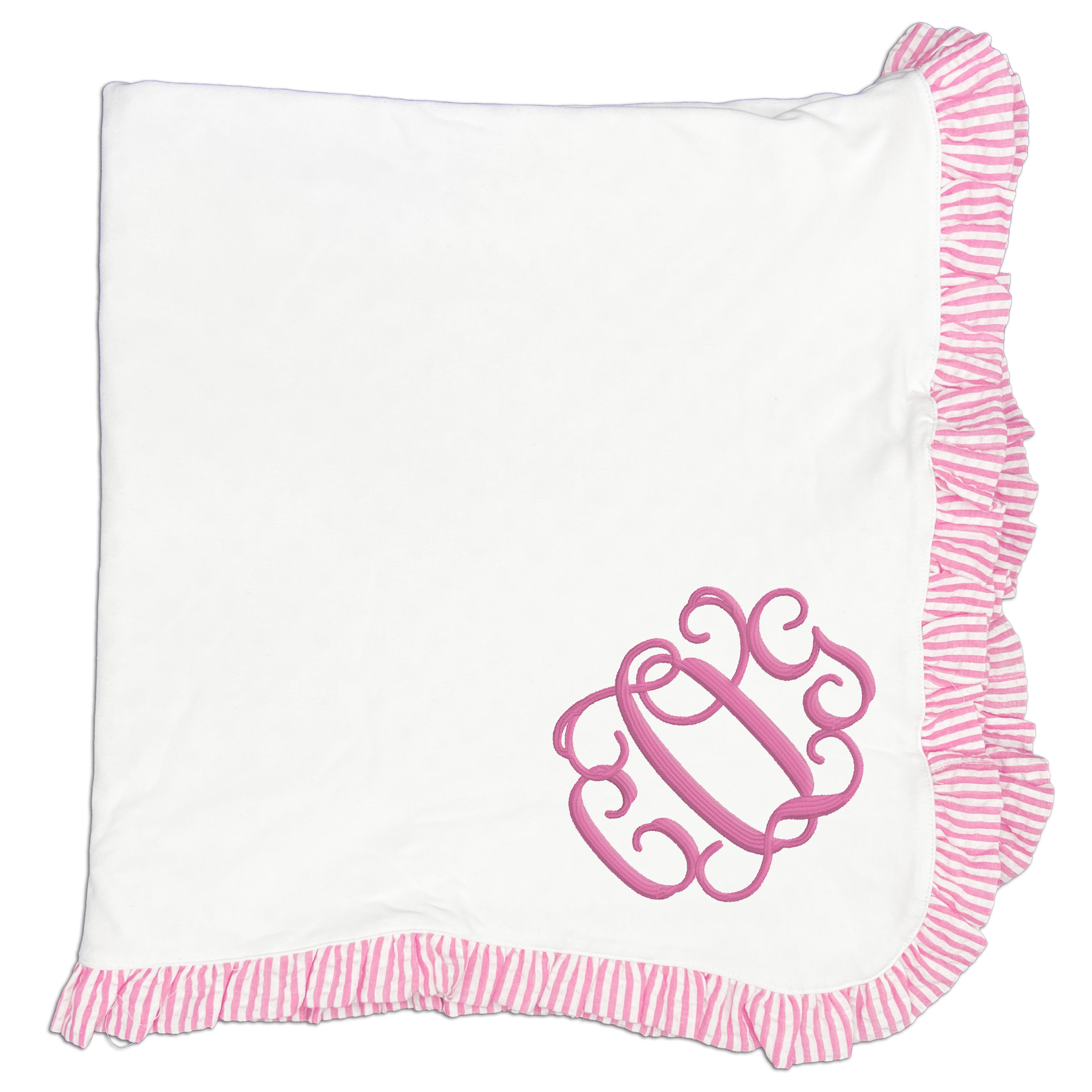 Swiss Dot Baby Blanket with Pink Seersucker Ruffle Trim