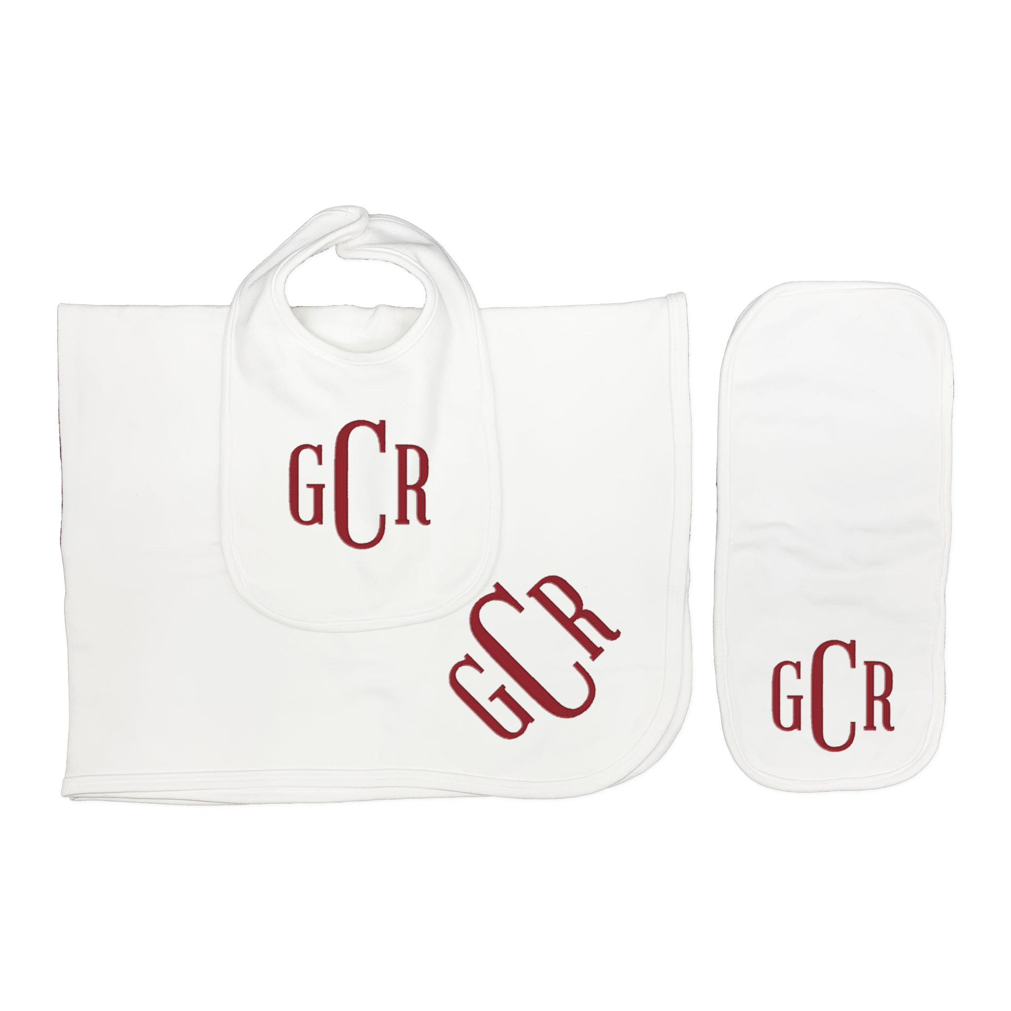 White Cotton Bib, Burp Cloth, and Blanket Set