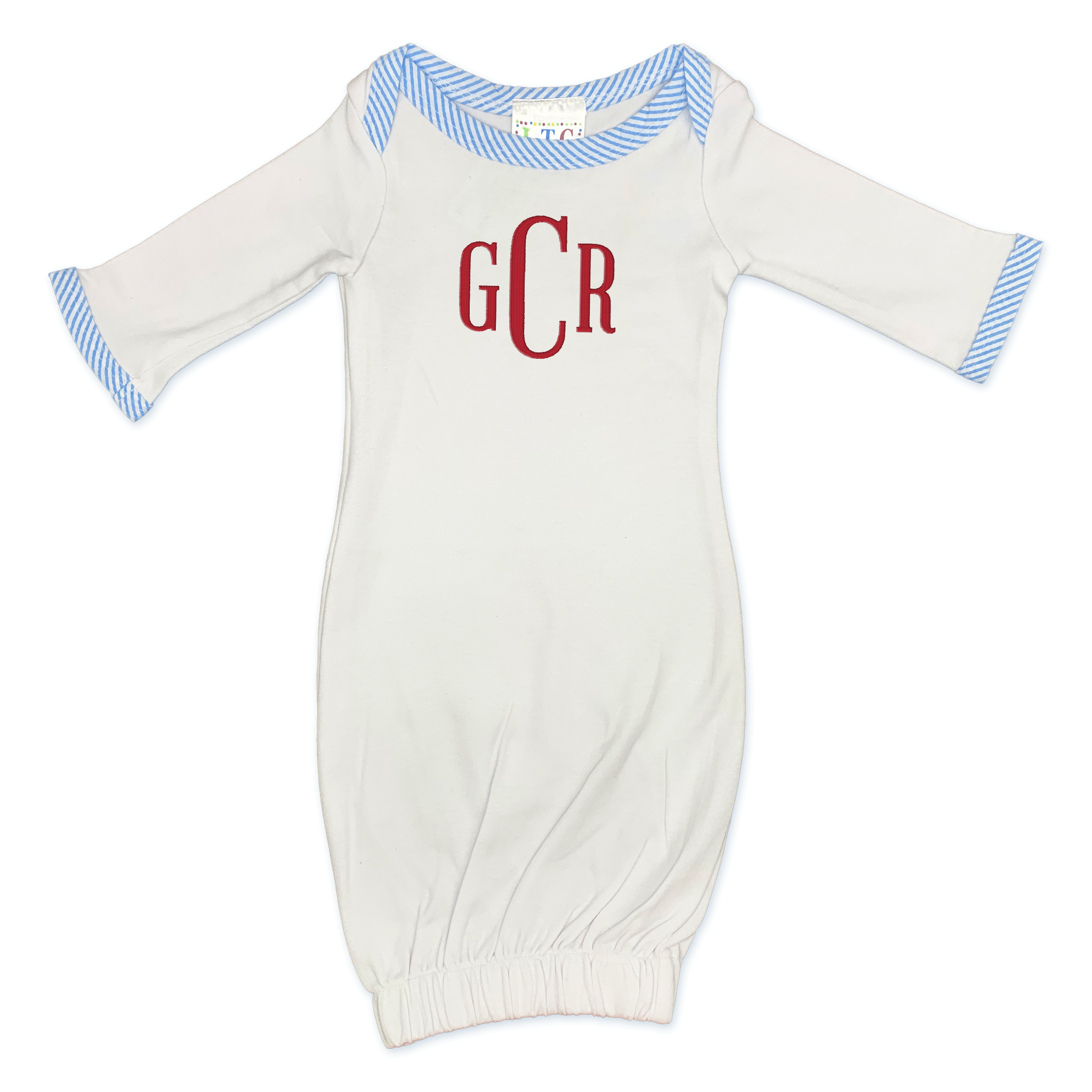 Blue Seersucker Trim Infant Gown