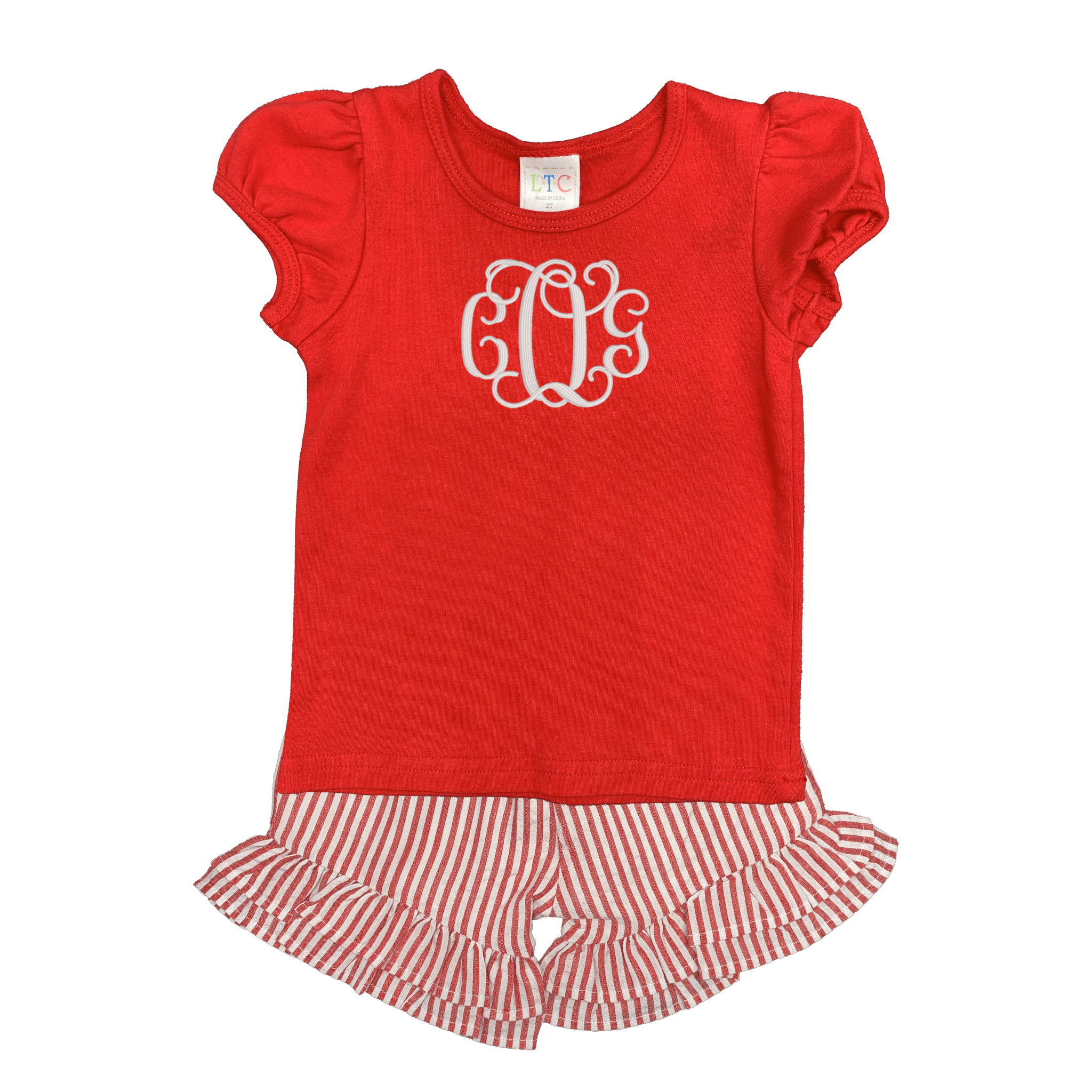 Red Puff Sleeve Tshirt and Stripe Seersucker Short Set