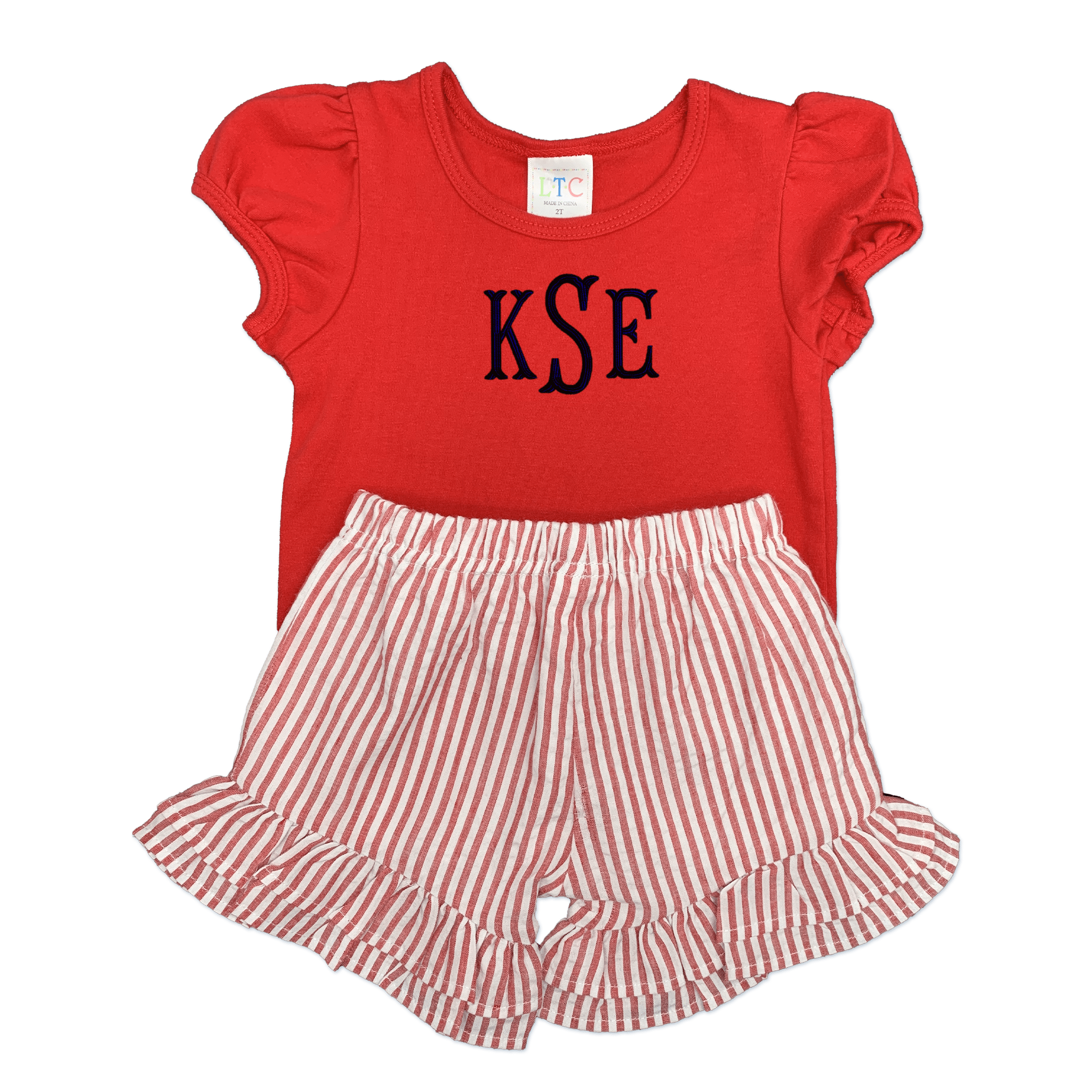 Red Puff Sleeve Tshirt and Stripe Seersucker Short Set