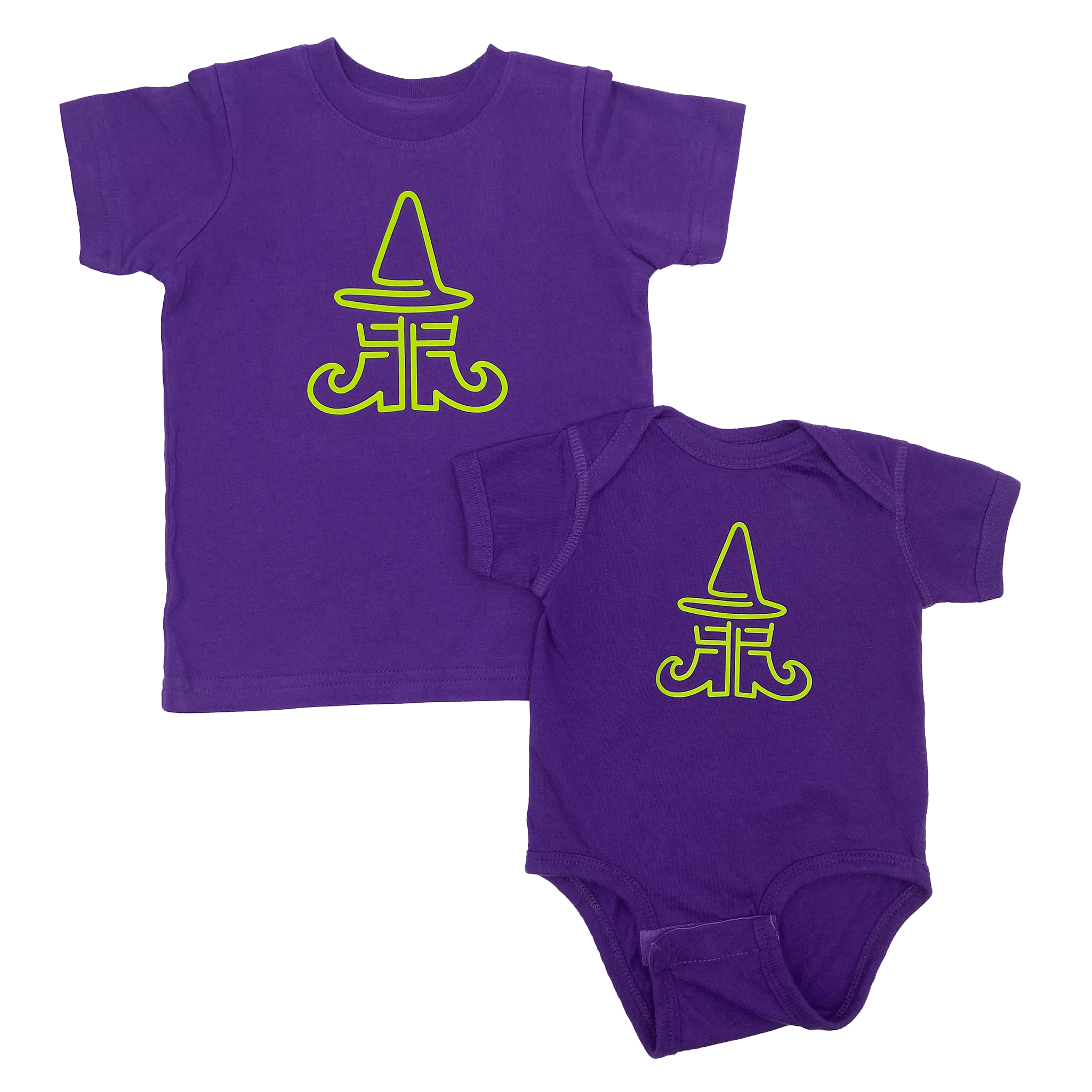 Kids' Pro Purple Graphic Bodysuit or T-Shirt with Witch Hat and Shoes